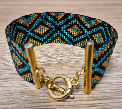 Handmade Bead Loom Bracelet, Miyuki Delica Bracelet, Geometric Cuff, Turquoise Gold Jewelry