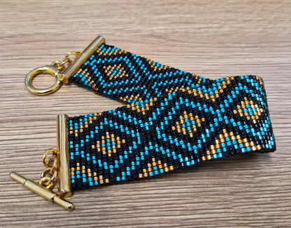 Handmade Bead Loom Bracelet, Miyuki Delica Bracelet, Geometric Cuff, Turquoise Gold Jewelry