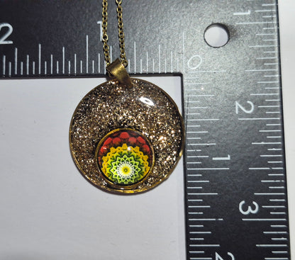 Black & Gold Glitter Mandala Pendant Necklace, Handcrafted Resin Statement Necklace, Artisan Jewelry, Gift for Her