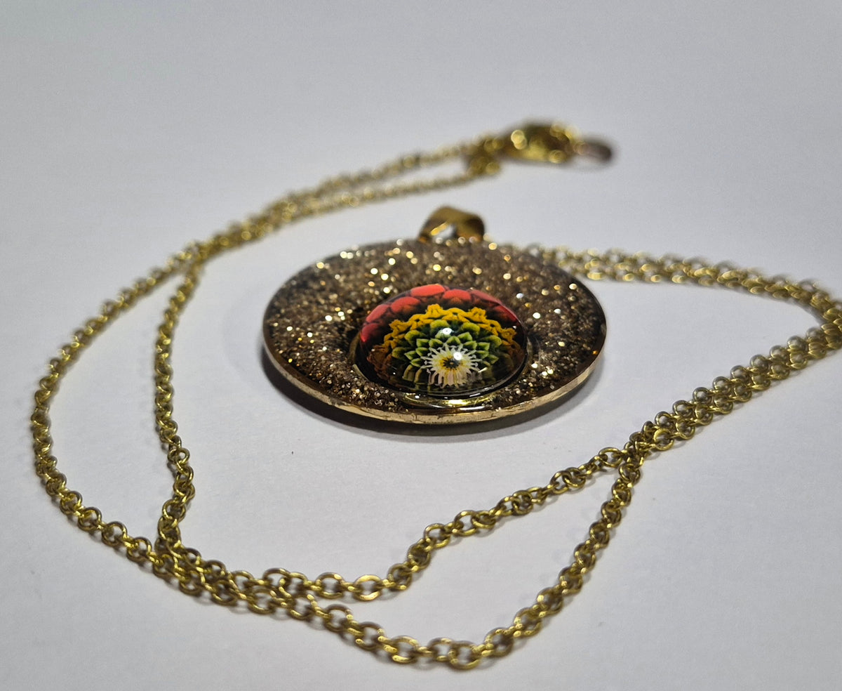 Black & Gold Glitter Mandala Pendant Necklace, Handcrafted Resin Statement Necklace, Artisan Jewelry, Gift for Her