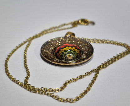 Black & Gold Glitter Mandala Pendant Necklace, Handcrafted Resin Statement Necklace, Artisan Jewelry, Gift for Her