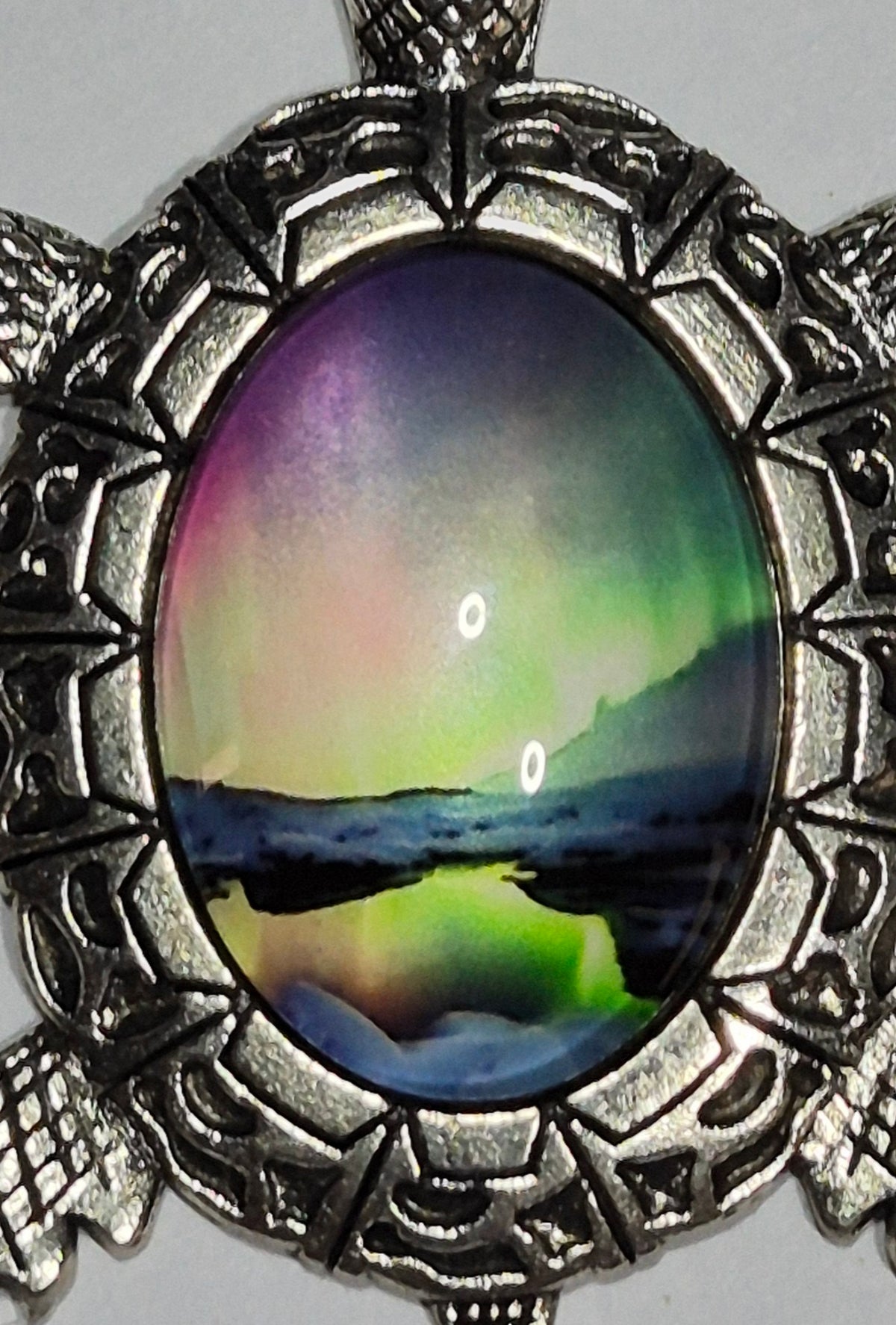 Northern Lights Sea Turtle Pendant Necklace | Aurora Cabochon | 20 Inch Silver-Tone Chain