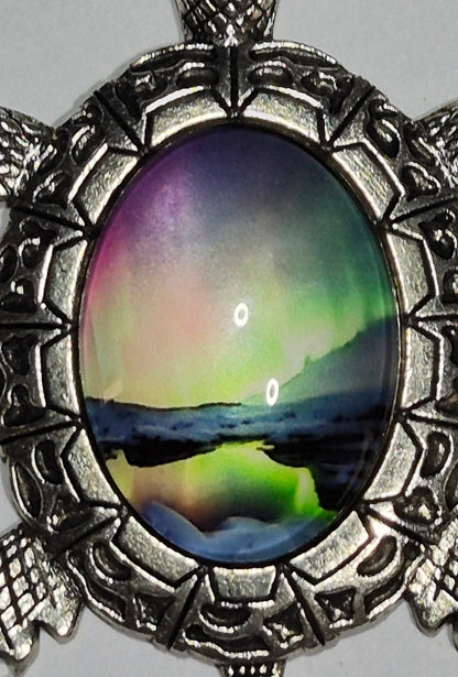 Northern Lights Sea Turtle Pendant Necklace | Aurora Cabochon | 20 Inch Silver-Tone Chain