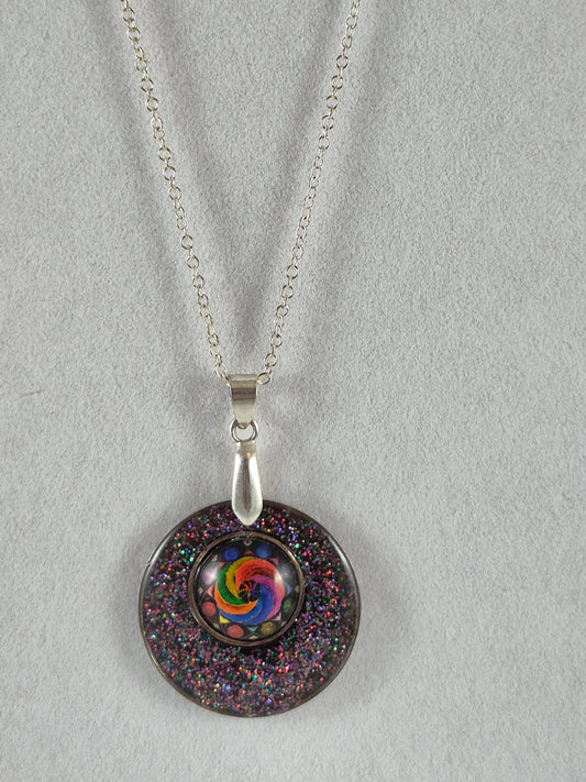 Rainbow Swirl Glitter Pendant Necklace, Handcrafted Colorful Resin Statement Necklace, Artisan Jewelry, Gift for Her