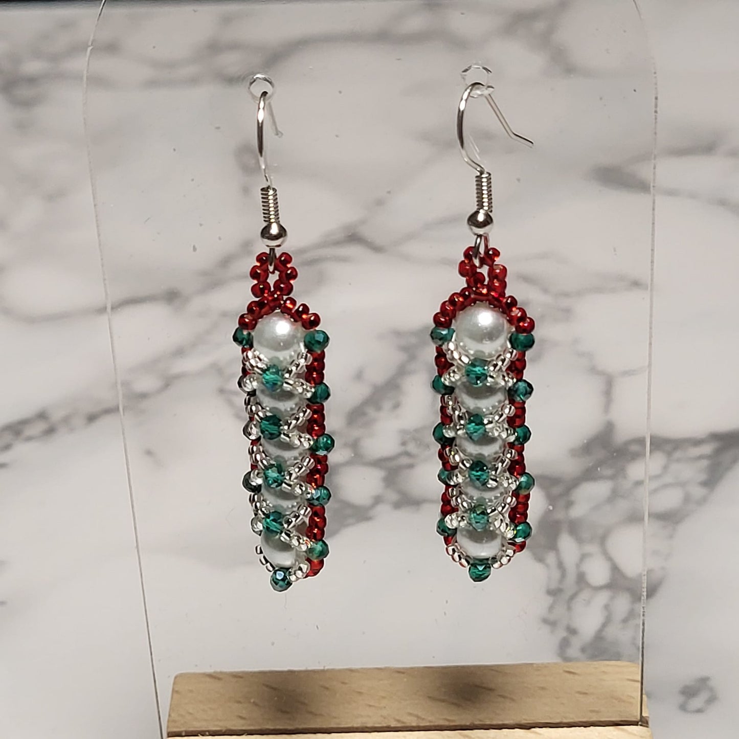 Christmas Beaded Earrings - Handcrafted Pearl & Crystal Dangle