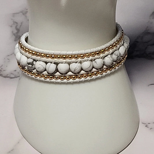 White Turquoise Gold Leather Cuff Bracelet, Handcrafted Goddess-Inspired Gemstone Bracelet, Elegant Artisan Jewelry, Gift for Her