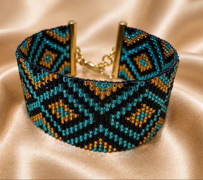 Handmade Bead Loom Bracelet, Miyuki Delica Bracelet, Geometric Cuff, Turquoise Gold Jewelry