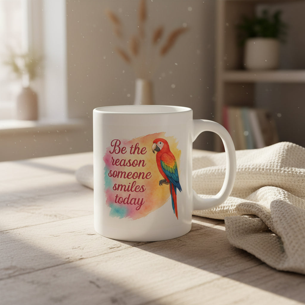 Be the Reason Someone Smiles Today Parrot Mug - 11oz Inspirational Coffee Cup