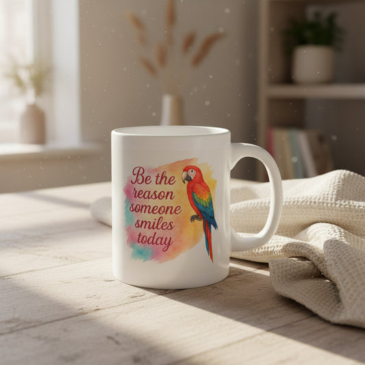 Be the Reason Someone Smiles Today Parrot Mug - 11oz Inspirational Coffee Cup