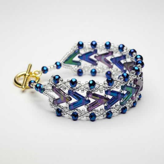Blue Magic Chevron Bracelet, Handcrafted AVA Bead & Crystal Rondelle Bracelet, Purple Blue Artisan Jewelry, Gift for Her