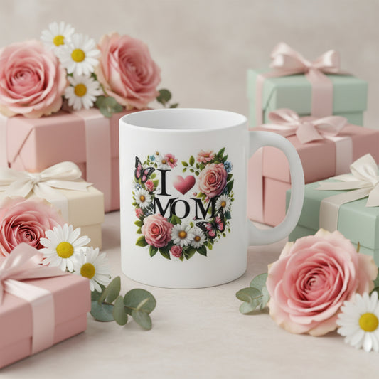 I Love Mom Floral Wreath Mug - Heartfelt Message