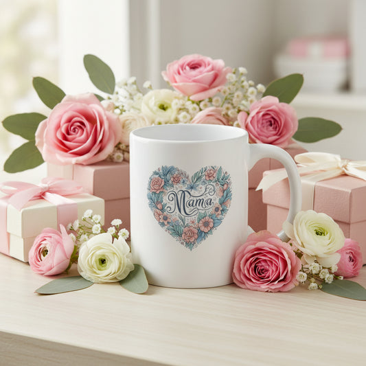 Mama Pink & Blue Floral Heart Mug