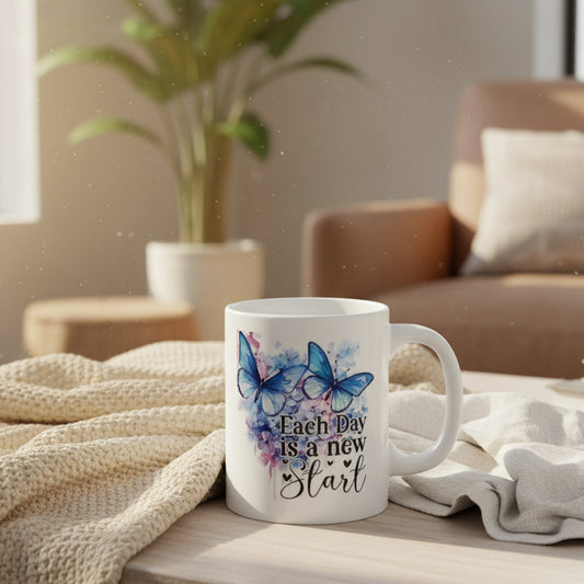 Each Day is a New Start Butterfly Mug - 11oz Inspirational Coffee Cup