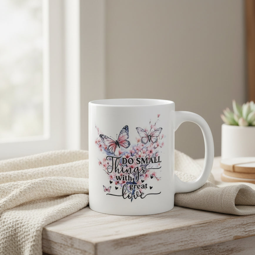 Do Small Things with Great Love Butterfly Mug - 11oz Inspirational Coffee Cup