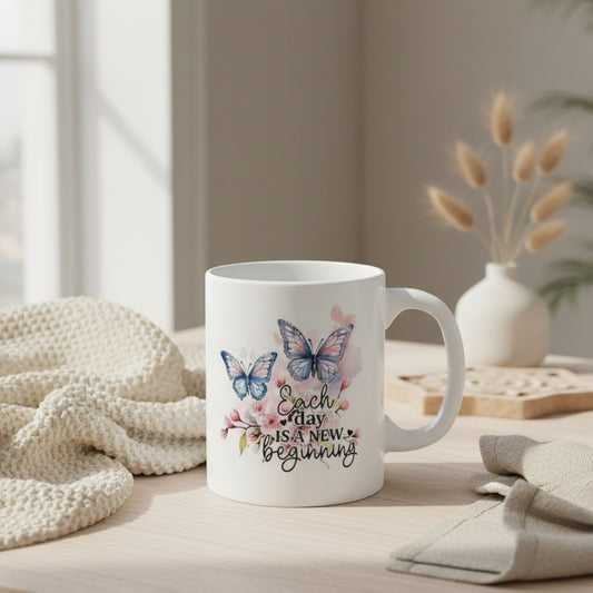 Each Day is a New Beginning Butterfly Mug - 11oz Inspirational Ceramic Coffee Cup