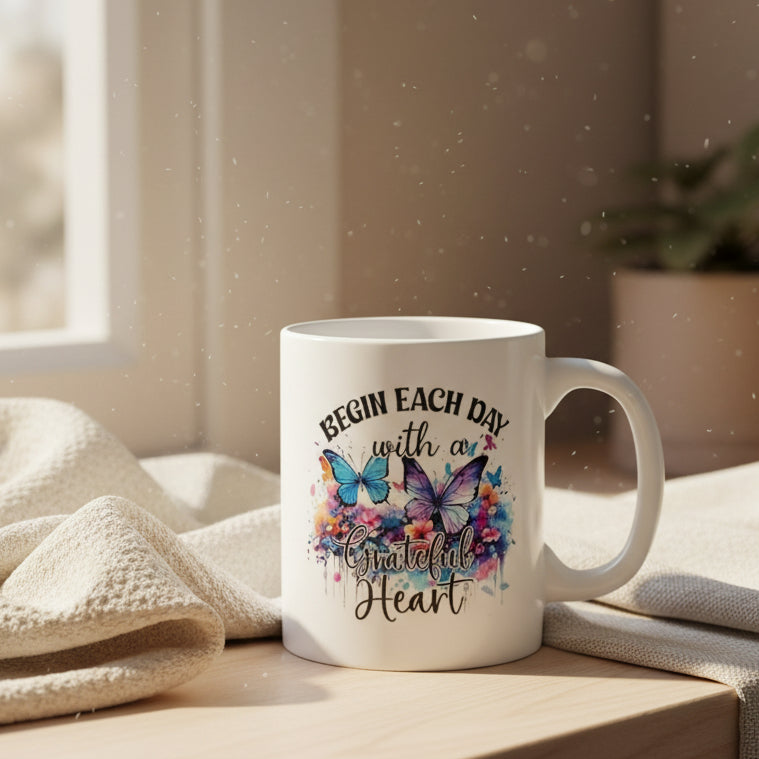Begin Each Day with a Grateful Heart Mug - 11oz Inspirational Coffee Cup