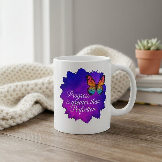 Progress is Greater Than Perfection Rainbow Butterfly Mug - 11oz Inspirational Ceramic Coffee Cup