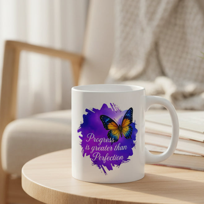 Progress is Greater Than Perfection Butterfly Mug - 11oz Inspirational Ceramic Coffee Cup