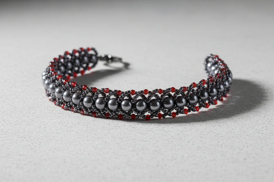 Smoky Gray & Red Crystal Beaded Bracelet, Handcrafted Miyuki Delica Hematite Bracelet, Bold Artisan Jewelry, Gift for Her