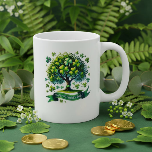 Saint Patrick's Day Shamrock Tree Mug - 11oz Ceramic Coffee Mug with Lucky Clover Tree & Emerald Ribbon