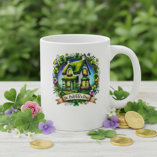 Saint Patrick's Day Irish Cottage Mug - 11oz Ceramic Coffee Mug with Enchanted Rainbow Cottage & Shamrock Garden