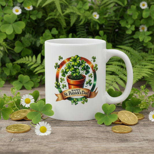 Saint Patrick's Day Potted Shamrock Mug - 11oz Ceramic Coffee Mug with Rainbow Circle & Clover Plant