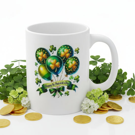 Saint Patrick's Day Balloon Celebration Mug - 11oz Ceramic Coffee Mug with Shamrock Balloons & Bow