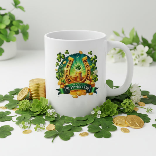 Saint Patrick's Day Lucky Horseshoe Mug - 11oz Ceramic Coffee Mug with Gold Coins & Shamrocks