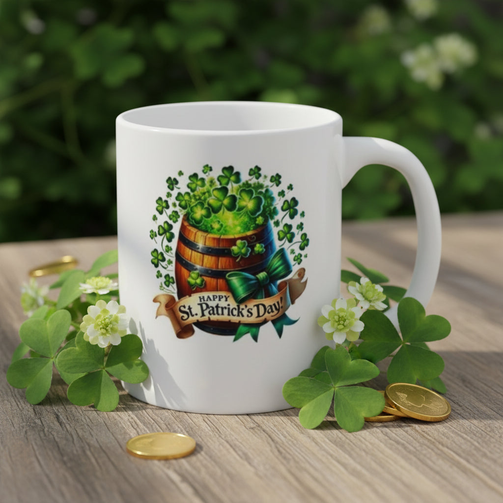 Saint Patrick's Day Shamrock Barrel Mug - 11oz Ceramic Coffee Mug with Overflowing Clovers & Ribbon