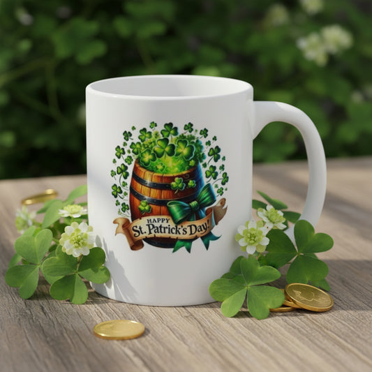 Saint Patrick's Day Shamrock Barrel Mug - 11oz Ceramic Coffee Mug with Overflowing Clovers & Ribbon