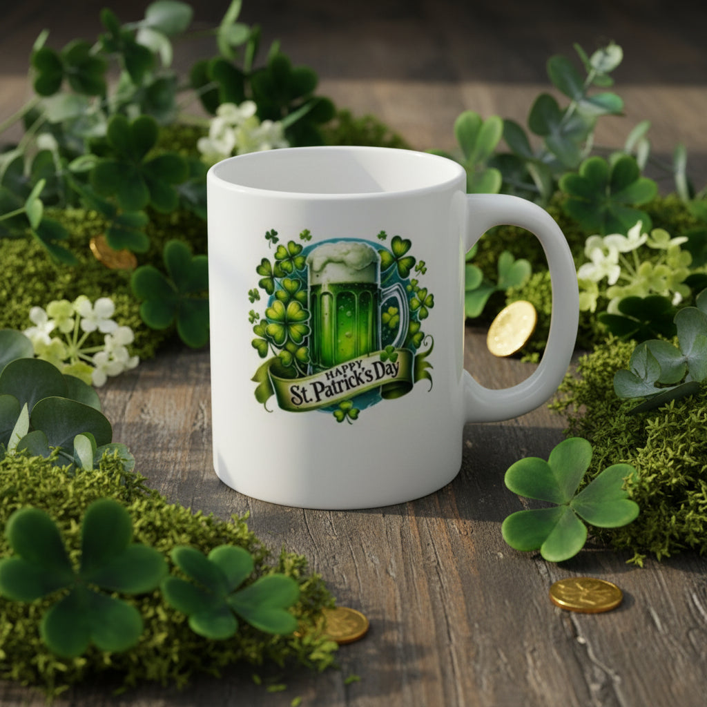 Saint Patrick's Day Green Beer Mug - 11oz Ceramic Coffee Mug with Shamrock Wreath & Irish Ale
