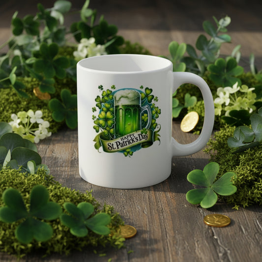 Saint Patrick's Day Green Beer Mug - 11oz Ceramic Coffee Mug with Shamrock Wreath & Irish Ale