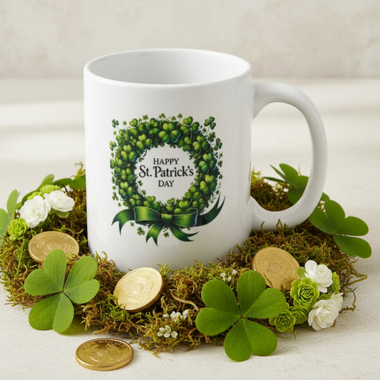 Saint Patrick's Day Shamrock Wreath Mug - 11oz Ceramic Coffee Mug with Emerald Ribbon & Clover Circle