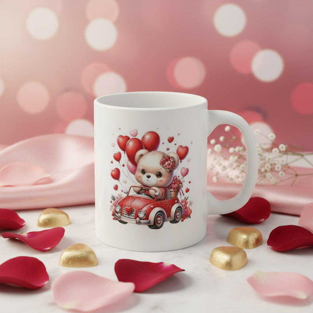 Valentine's Day Bear Mug with Red Car & Heart Balloons - 11oz
