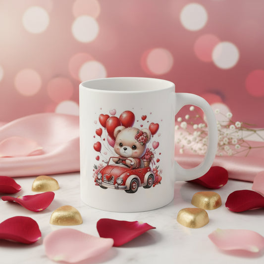 Valentine's Day Bear Mug with Red Car & Heart Balloons - 11oz
