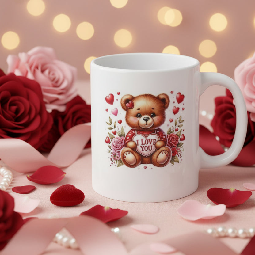Valentine's Day Bear Mug with Roses - I Love You - 11oz