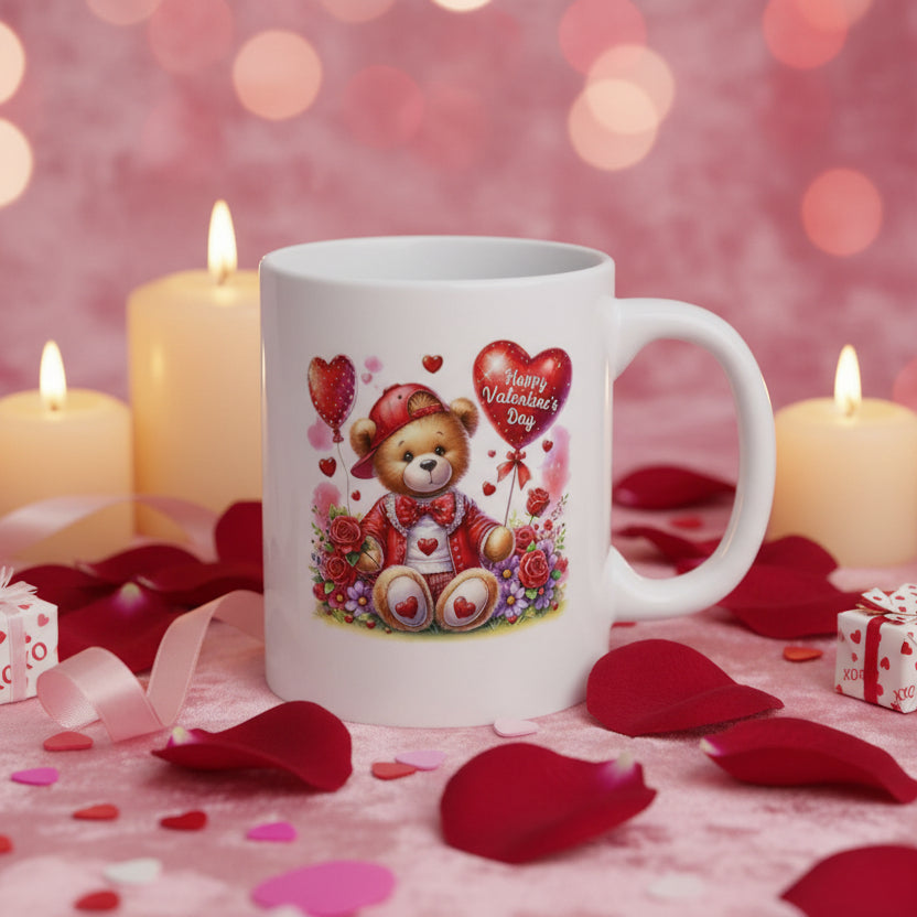 Happy Valentine's Day Bear Mug with Balloons - 11oz