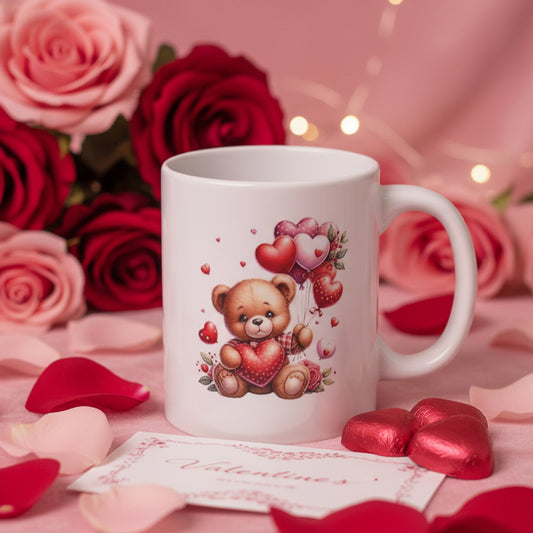 Valentine's Day Teddy Bear Mug with Heart Balloons - 11oz