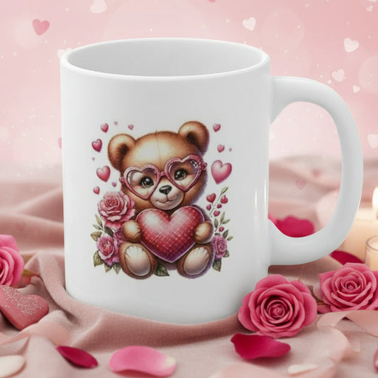 Valentine's Day Bear Mug with Heart Glasses - 11oz