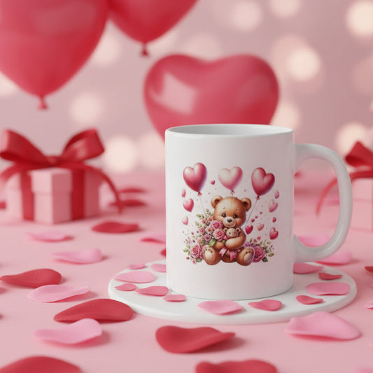 Valentine's Day Bear Mug with Heart Balloons & Flowers - 11oz