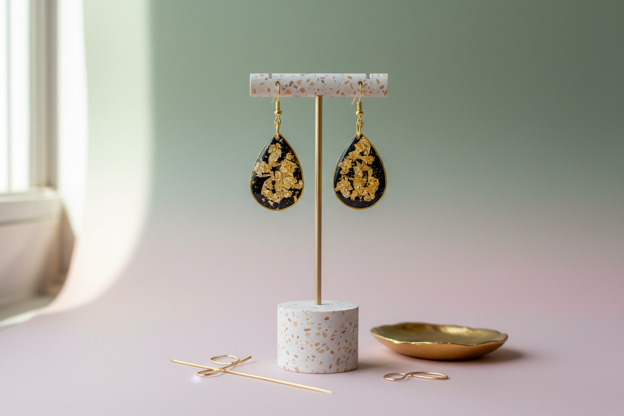 Black and gold earrings on contemporary display