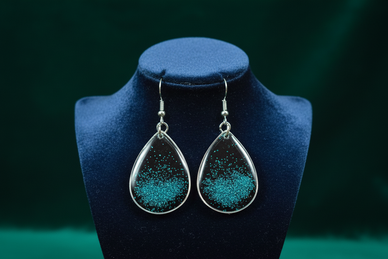Black and teal glitter earrings on rich velvet display