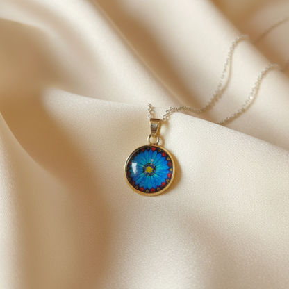 Blue Daisy Flower Pendant - Satin Detail with Chain (Corrected)