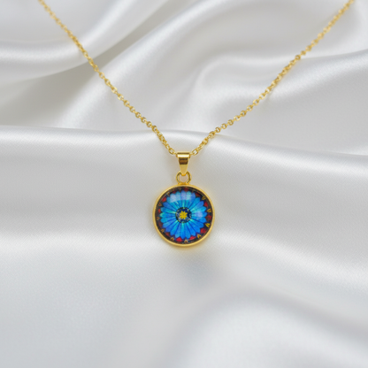 Blue Daisy Flower Pendant - White Satin Hero Shot (Corrected)