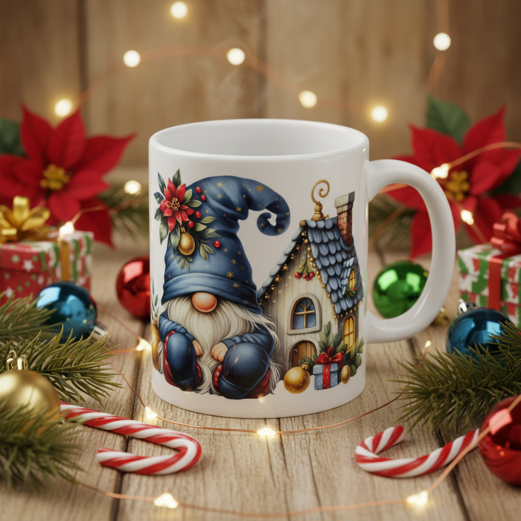 Cottage Gnome Mug - Vintage Holiday Scene