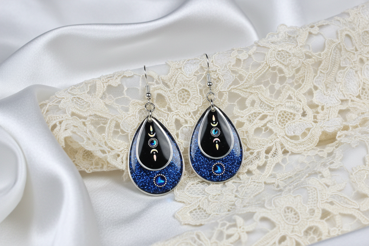 Elegant Black Resin Earrings on Satin and Lace
