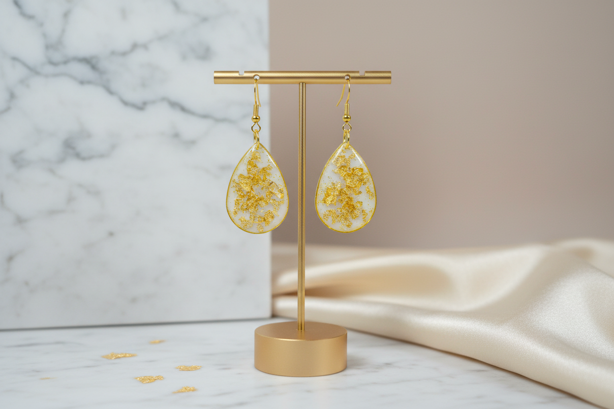 Elegant display of white resin earrings with gold leaf