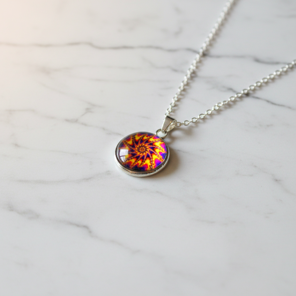 Fire Spiral Fractal Pendant - Angled Marble Surface with Silver Bail (Corrected)