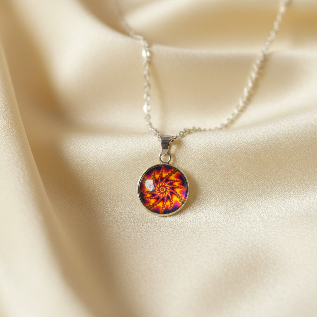 Fire Spiral Fractal Pendant - Satin Detail with Silver Bail (Corrected)