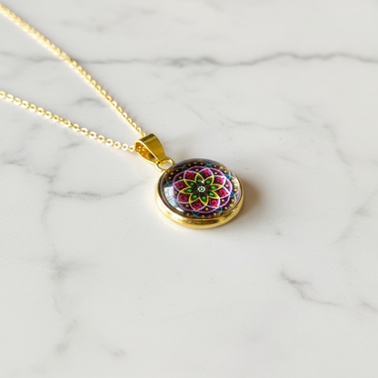 Floral Mandala Pendant - Angled View on Marble
